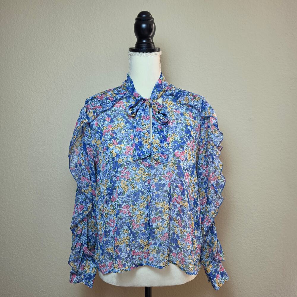 Zara Blue Sheer Floral Blouse XS